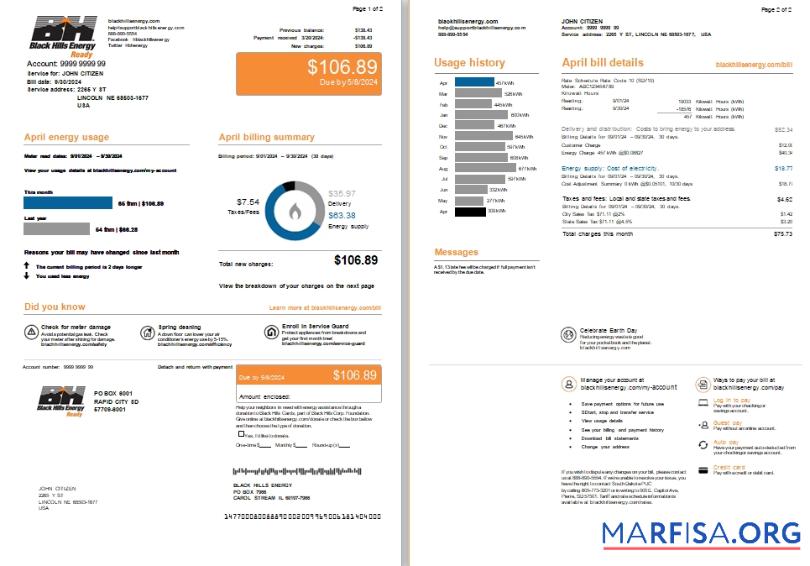 Printable USA Nebraska Lincoln Black Hills Energy utility bill, 2 pages scr download for verification